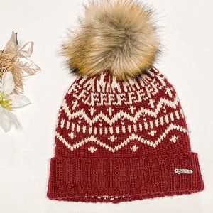 Maroon Chaos Winter Beanie Hat With Detachable Faux Furball on Top